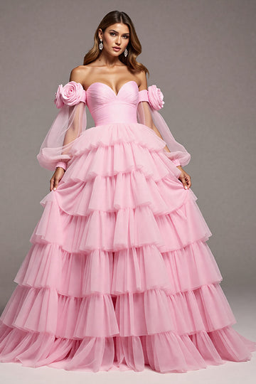 Pink Tulle Floral A Line Long Prom Dress with Ruffles